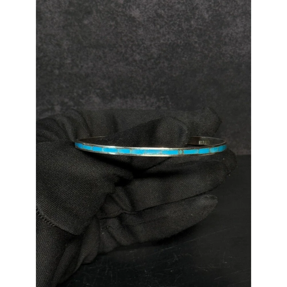 Vintage Alpaca Silver Turquoise Inlay Bangle Bracelet Mexico